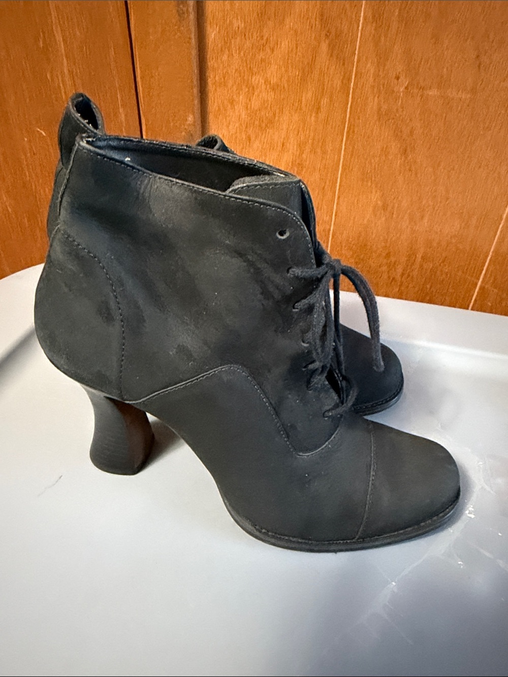 Black Leather granny Boots Lace-Up Heeled Ankle Boots Wild Pair 4” heel 10B